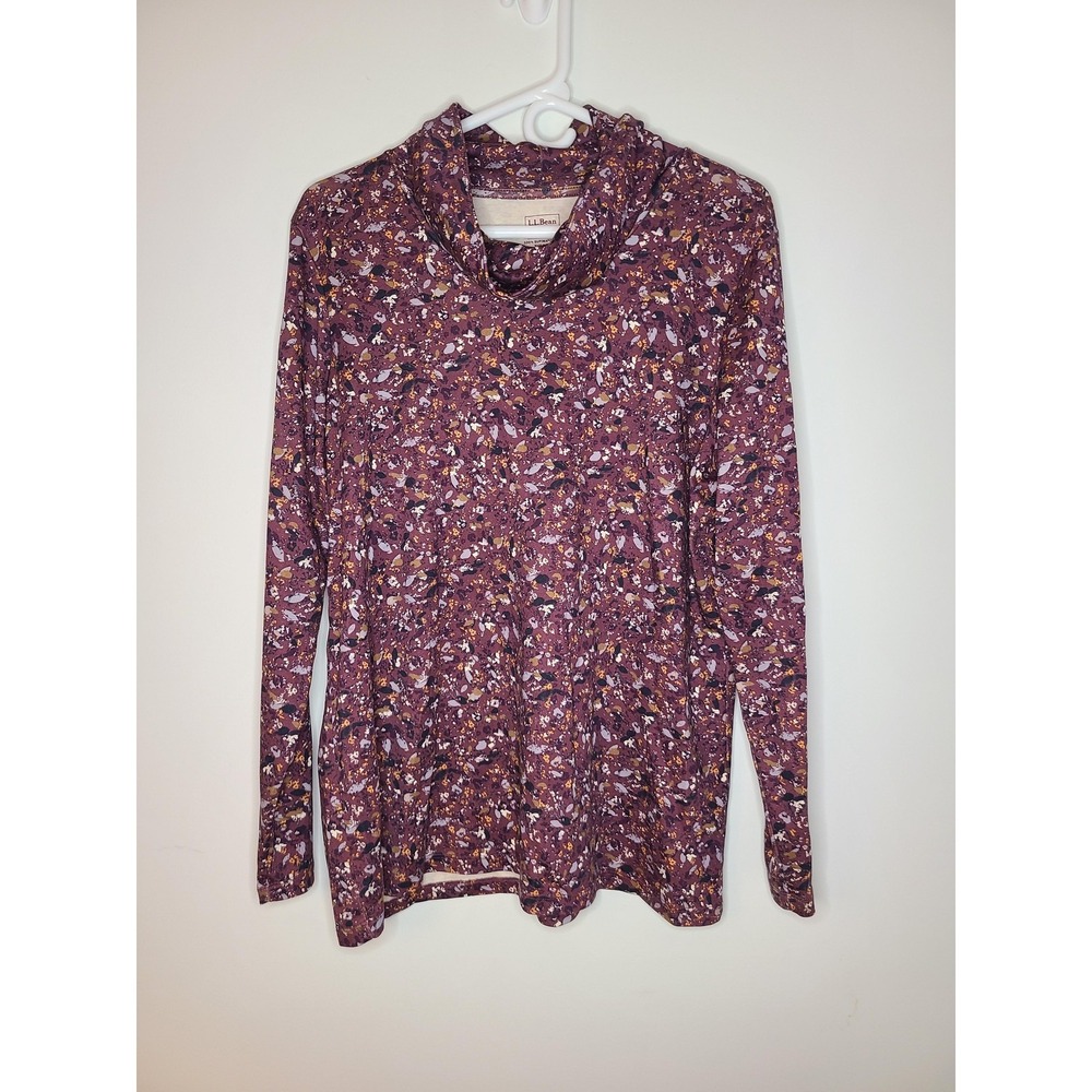 L.L. Bean Shirt XL Purple Floral Cowl Neck Tunic‎ Supima Cotton Top Boho